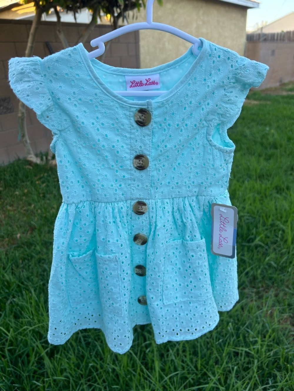 Little Lass Girls' Aqua Eyelet Button-Front Dress with Pockets